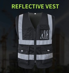 Black Reflective Safety Vest with Pockets High Visibility Sliver Strip for Men a