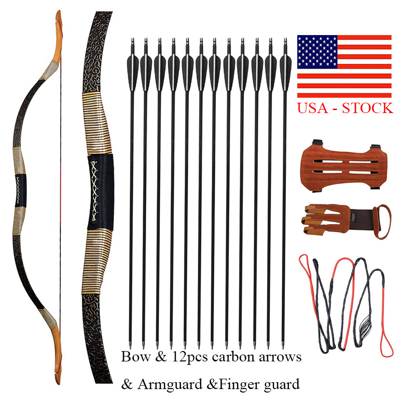 53″ Archery Recurve Bow Mongolian Traditional Longbow 30-50lbs Hunt Carbon Arrow
