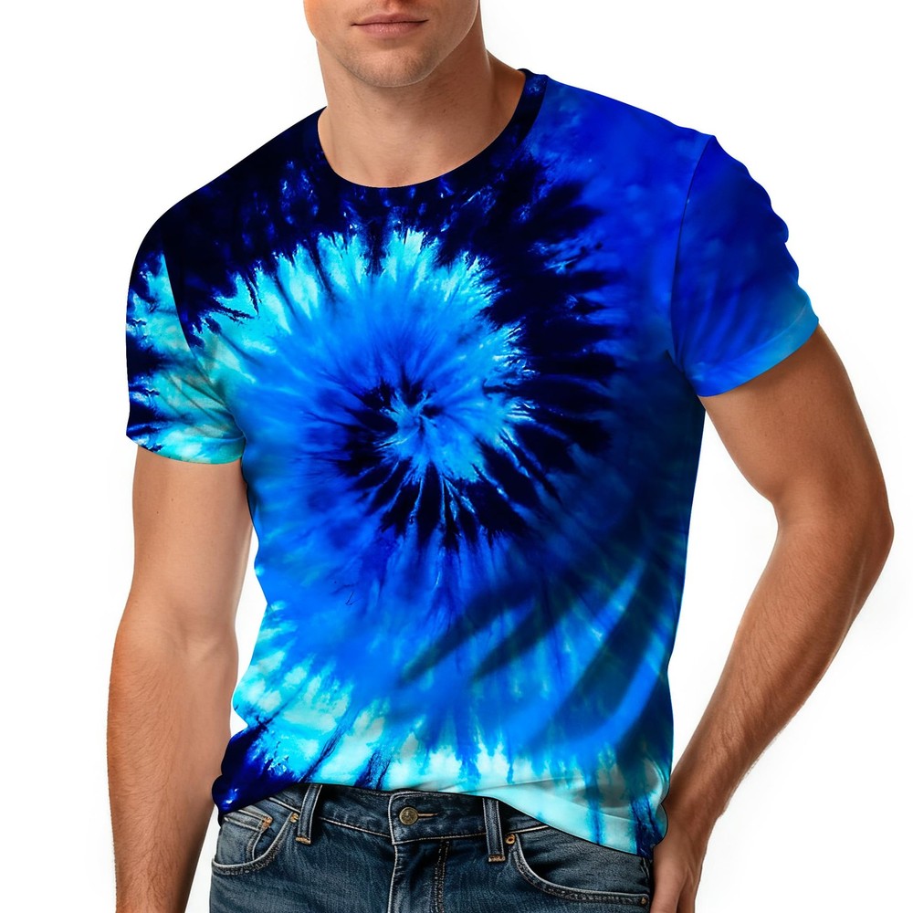 Harycnct Dark Blue Tie Dye Shirts Mens Spiral Neon Tshirt Outfit 60S 70S