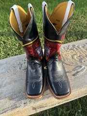 Tin Haul Western Cowboy Boots Black Leather Red Checkered Heel Racing Nascar