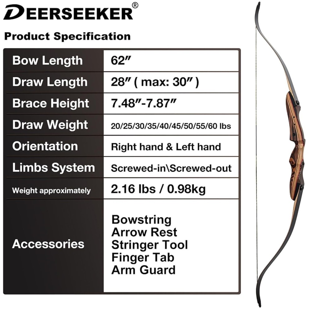 Deerseeker 62″ Takedown Recurve Bow Set for Adults & Youth