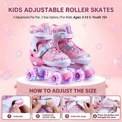 Adjustable Kids Roller Skates for Girls Boys Toddlers Teens Youth | 4 Sizes i…