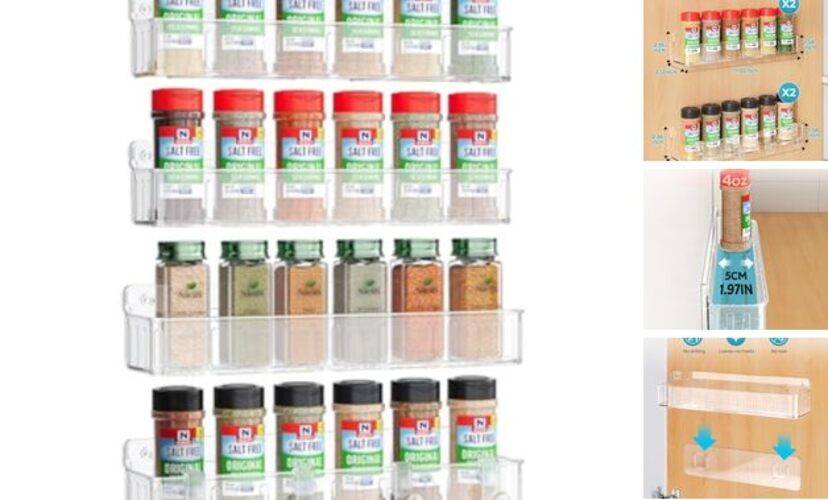Spice Rack Wall Mount, 4 Pack, Screw or Adhesive Installation, Spice Clear