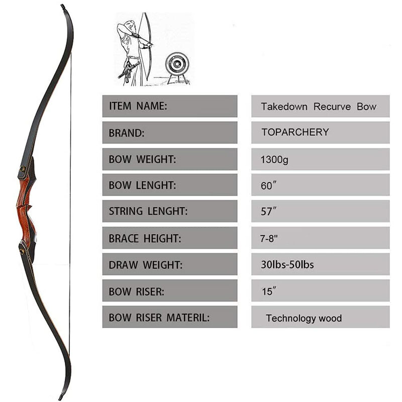 60″ Takedown Recurve Bow 25-50lbs Right Hand Bow Archery Outdoor Hunting Target