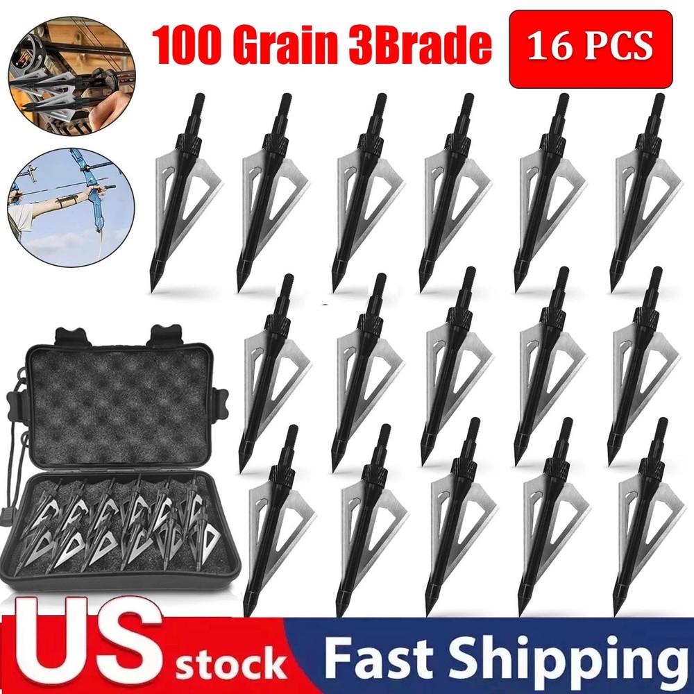 16Pcs Archery Broadheads 3Blade 100Grain Hunting Crossbow Compound Bow Arrow Tip