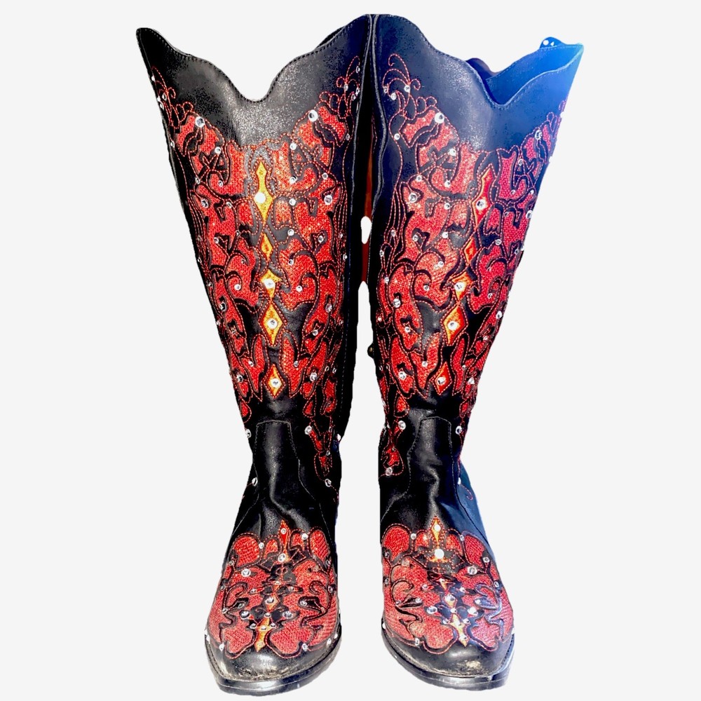 Black and Red Sexy Tall Western Equestrian Country Cowgirl Cowboy Bling Boots