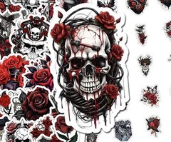 30Pcs Random Gothic Punk Dark Red Horror Rose Skull Dark Red Waterproof Stickers