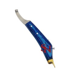Hoof Knife Blue Handle with Brass Horseshoeing Topper – Left Handed