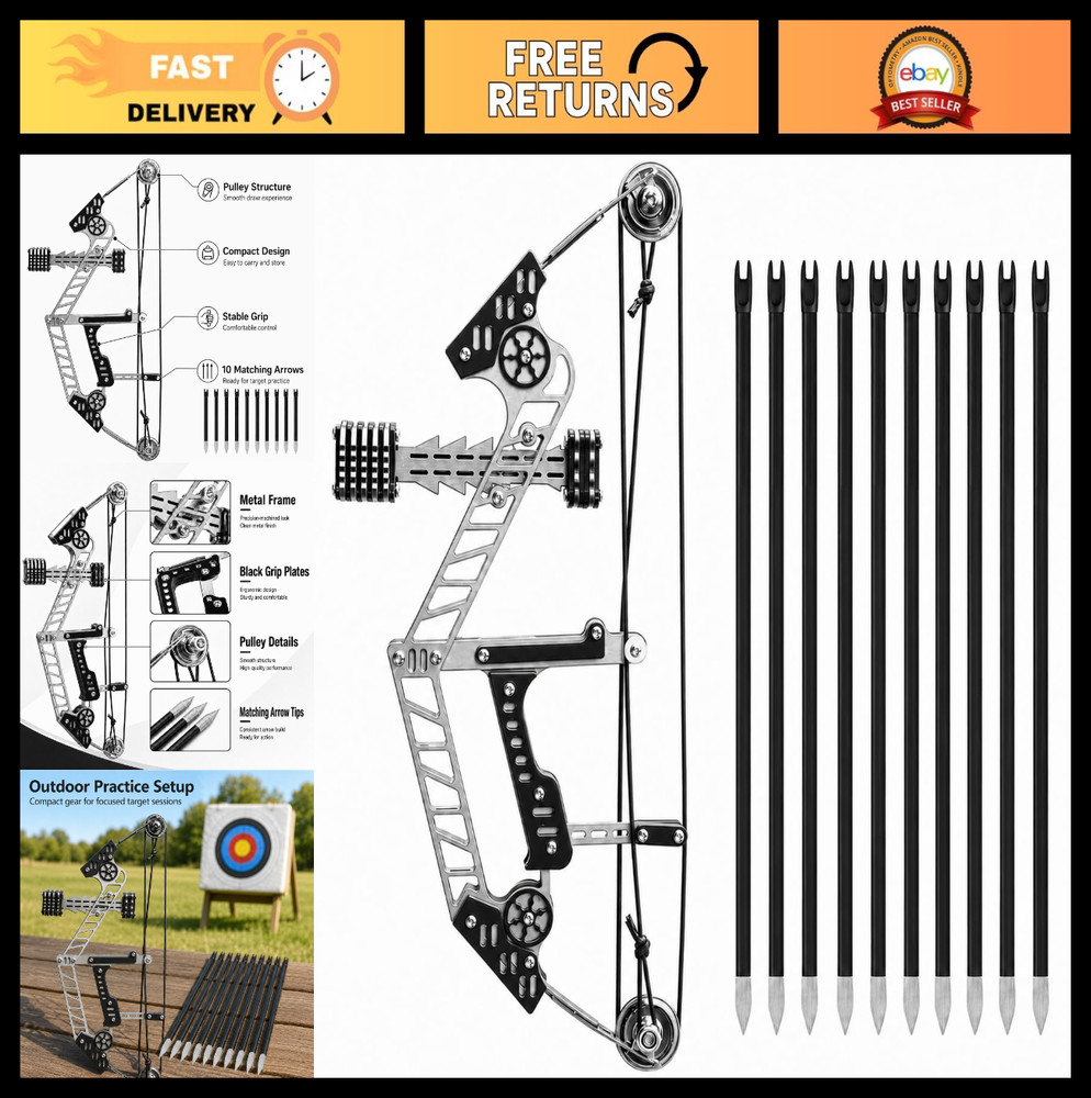 Stainless Steel Compound Bow Set with 10 Arrows, Metal Frame, Target Training, B