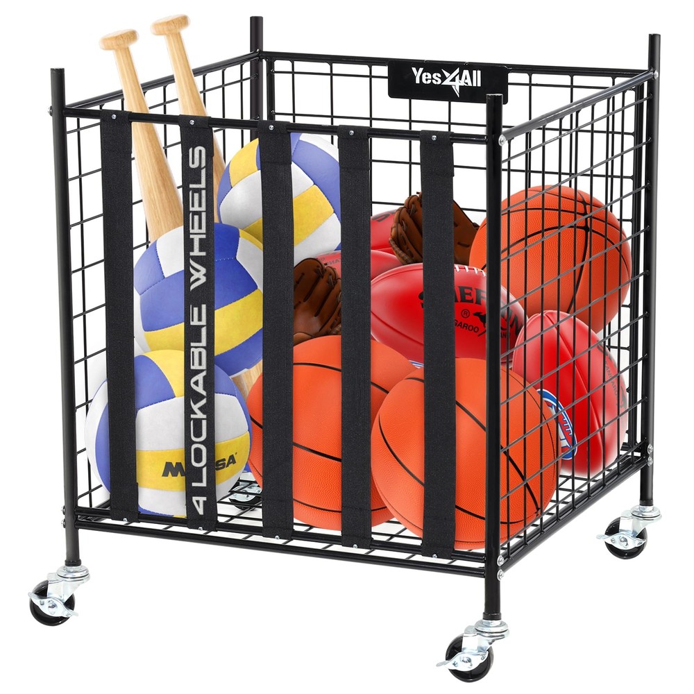 YES4ALL Metal Rolling Sports Ball Storage Cart w/ Lockable Wheels – Heavy-Duty