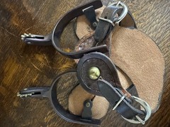 Western Riding Spur Rowel Spurs w/ Tooled Leather Straps, Chap Guards, Conchos
