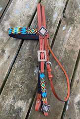 Western brow band headstall w/beaded overlay, copper conchos various colors