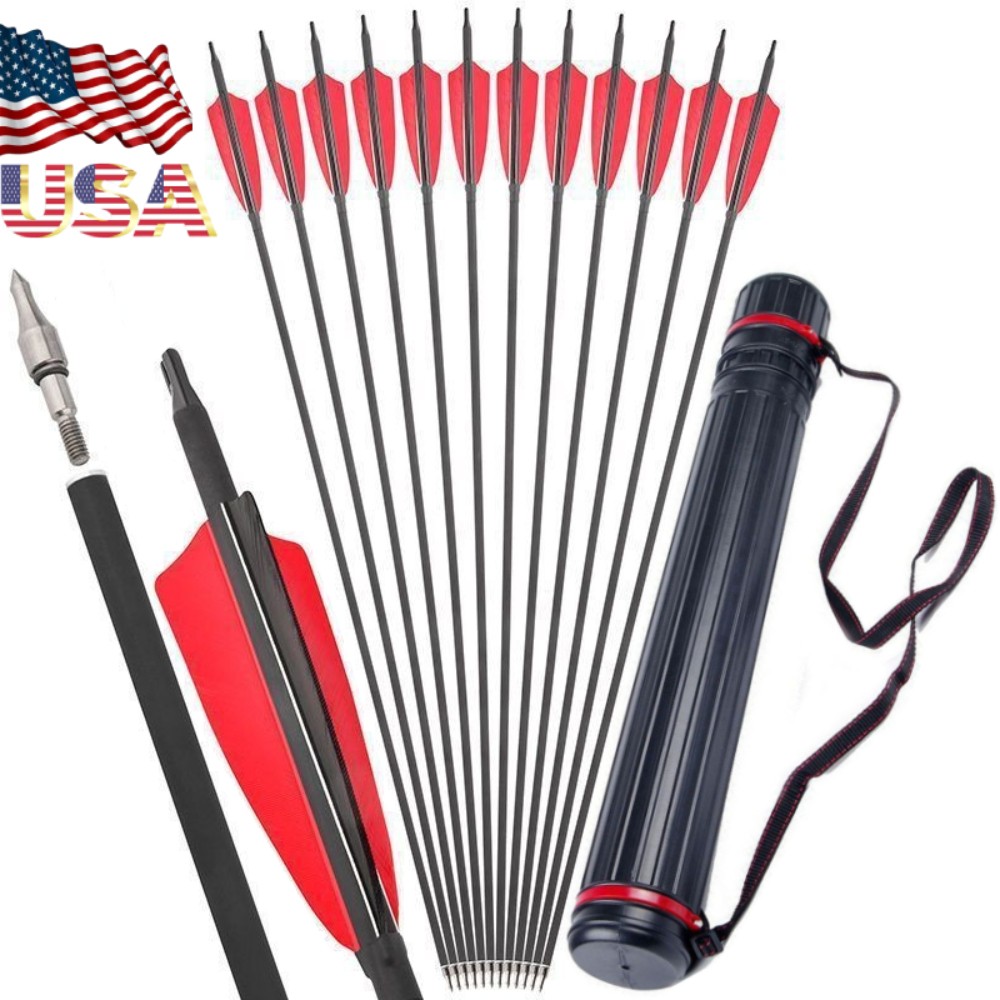30″ Archery Carbon Arrows 4″ Feather SP500 Compound Recurve Bow Arrowhead Quiver