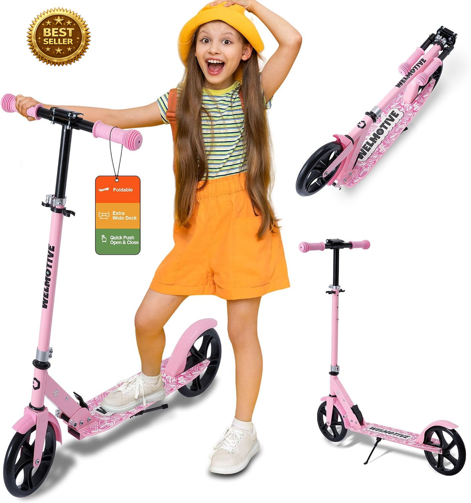 Foldable Kick Scooter for Kids Teens Adults Adjustable Big Wheel Rear Brake