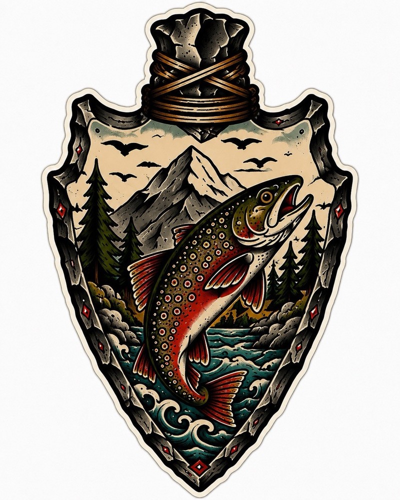 Arrowhead Brook Trout Traditional Tattoo Heart Sticker Fly fishing Decal