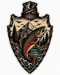 Arrowhead Brook Trout Traditional Tattoo Heart Sticker Fly fishing Decal