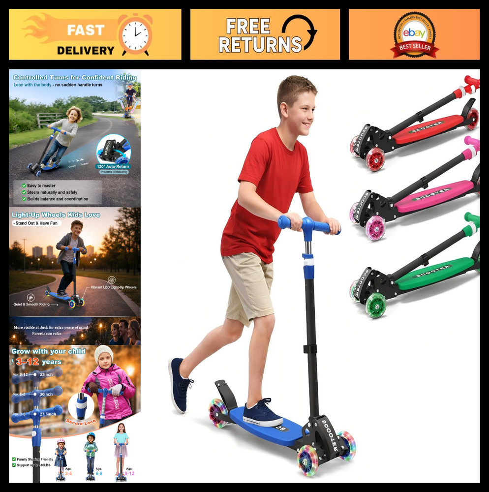 3-Wheel Kids Kick Scooter, Adjustable Handlebar, Light-Up Wheels, Foldable, Ages