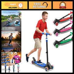 3-Wheel Kids Kick Scooter, Adjustable Handlebar, Light-Up Wheels, Foldable, Ages