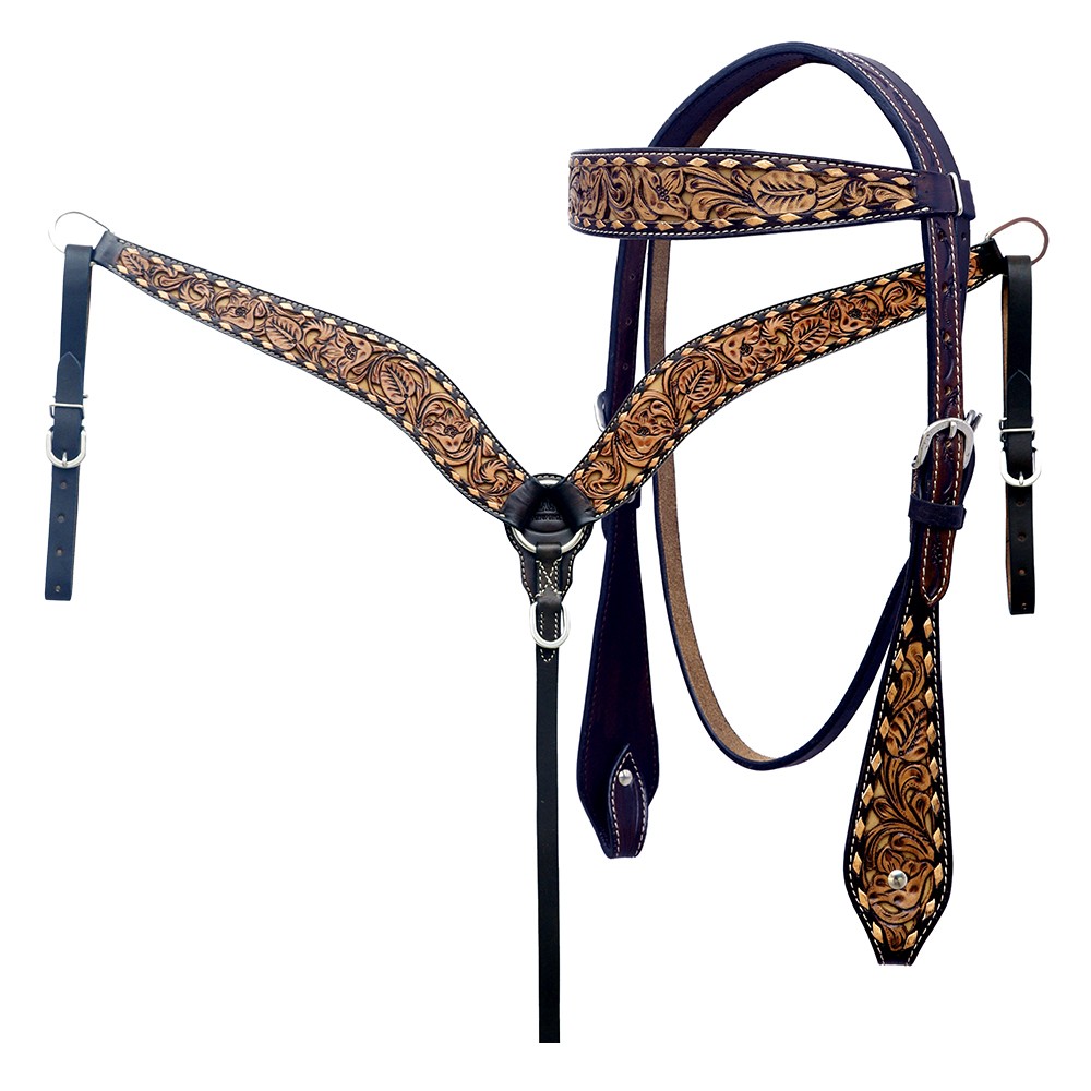 Western Headstall and Breast Collar Set HILASON Tooled Leather Horse Bridle Tack