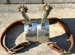 Western COWBOY COWGIRL Long Neck VINTAGE Rowel Spurs SIZE: Adult LEATHER STRAPS