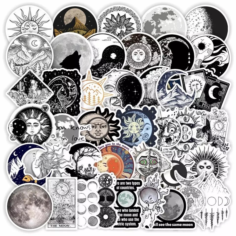 10pcs Moon Stickers Dark Black and White Theme Solar Tarot New Gothic Spiritual