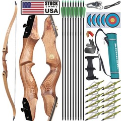60″ Recurve Bow Kit 30-50lbs Takedown Wooden Adult Archery Arrows Hunting Target