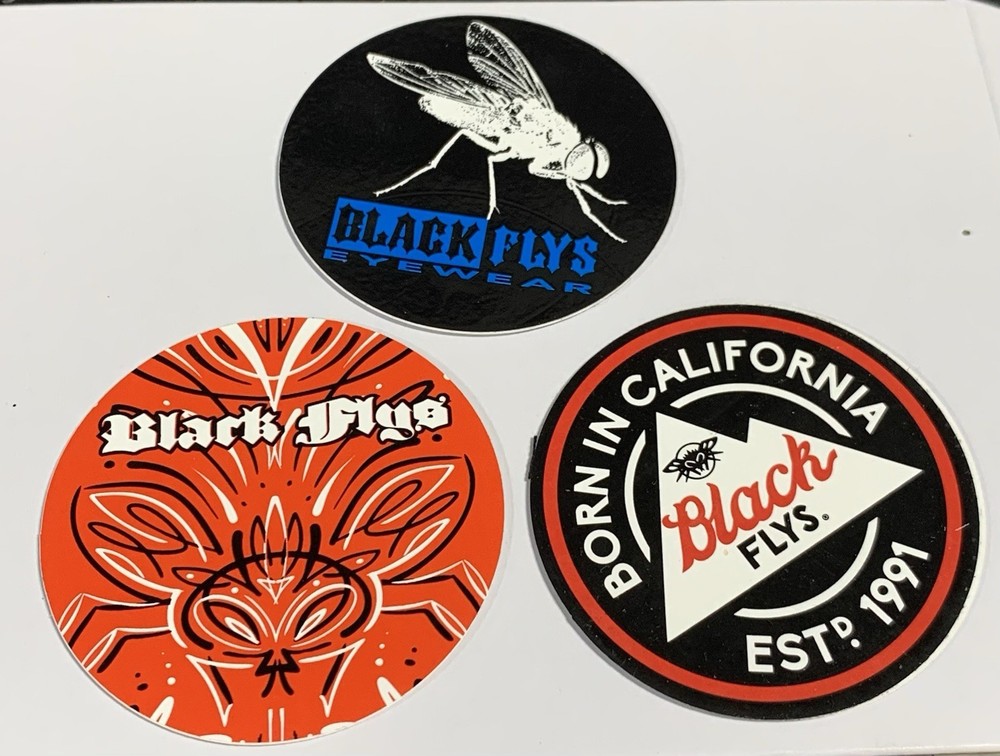 2 1/2 inch Circle Black Flys Eyewear STICKER Surf Skate Snow Party Lot of 3