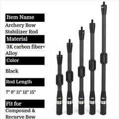 Archery 3K Carbon Stabilizer Rod 7″ 9″ 11″ 12″ 15″ Balance Bar Compound Bow Hunt