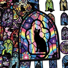 20PCS Mixed Gothic Stained Glass Medieval Black Cats Waterproof Vinyl Stickers
