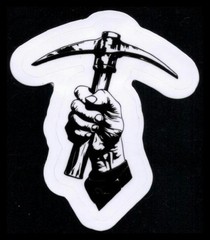 Fist Holding Pitchfork Skateboard Sticker 3 Inches x 2 Inches Skateboard Decals