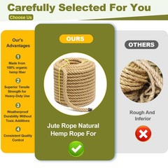 1/2 Inch 200 FT Jute Rope Heavy Duty Natural Twisted Hemp Gardening Landscape