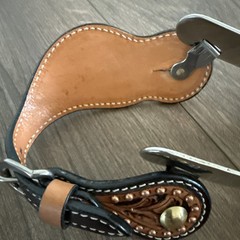 Short Shank Ball End Western Spurs w Copper Spotted Tooled Leather Straps