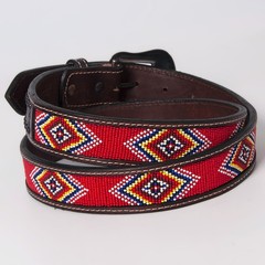 BE BAR H EQUINE Red Beaded Black Crystal Hand Carved Western Leather Belt