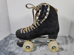 Moxi Panther Black Suede Quad Roller Skates Leopard Clear Wheels W/ Wrench