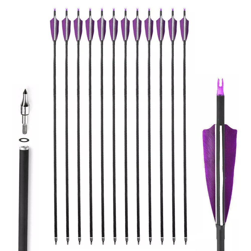 30» Archery Carbon Arrows Spine 500 7.8mm Turkey Feathers for Hunting / Quiver