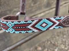 Leather Halter – Navajo Beaded Cheeks and Noseband – Turquoise – Rust Beads
