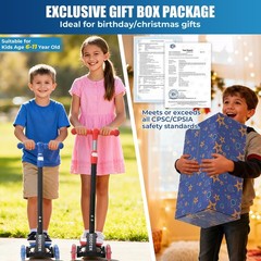 3-Wheel Kids Scooter Ages 3-12, LED Light-Up, Foldable, Adjustable Height, Durab
