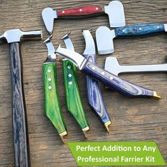 Farrier Hoof Knife Set 2pc Loop Knife Brass End Blue Wood Handle Horse Goat Cow