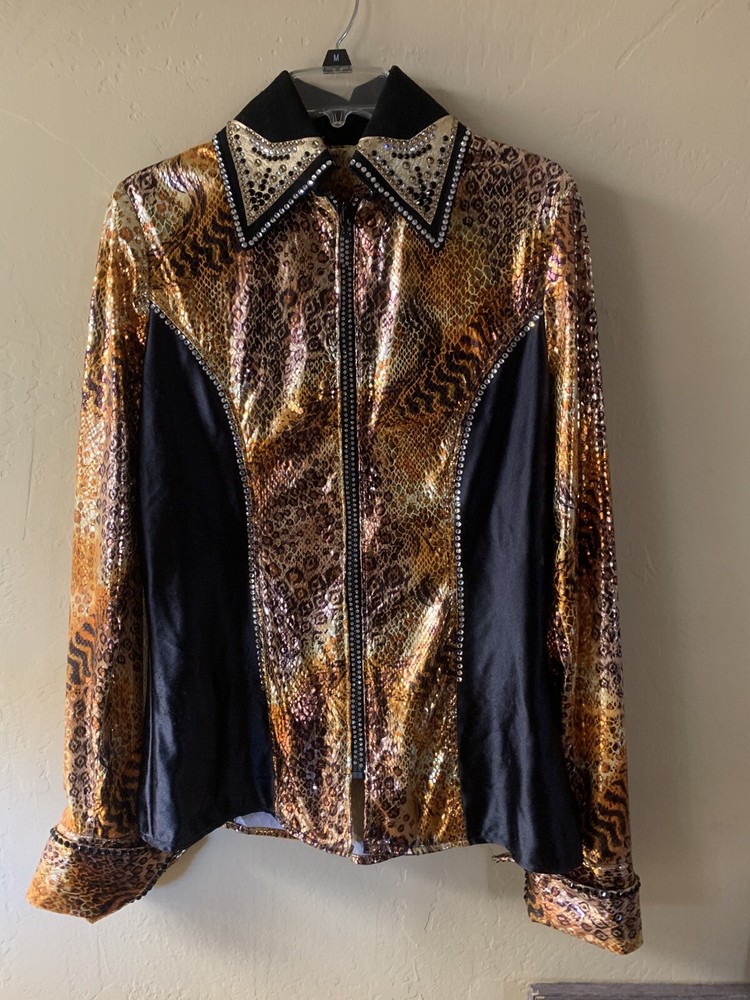 Western Show Women’s Horse Riding Shirt Shiny Animal Print W/ Jewels Very Flashy