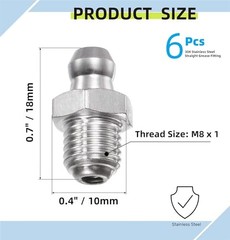 6 Pcs 304 Stainless Steel Straight Grease Fitting Thread Hydraulic M8 x 1mm