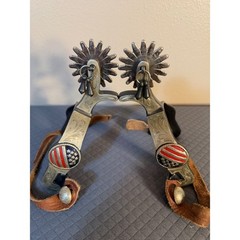 Western Patriotic American Flag Spurs with Jingle Bobs and Leather Straps