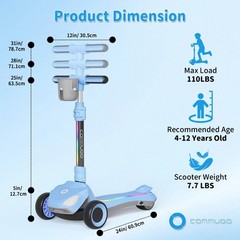 Commugo Electric Scooter Kids Light-Up Wheels Lean-to-Steer 5 mph 3-12 Years