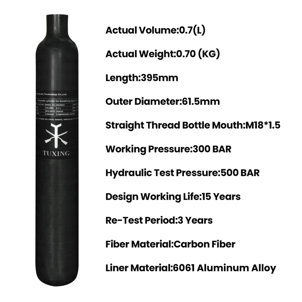 TUXING Pcp Air Tank 4500Psi 0.7L/42Ci Carbon Fiber HPA Paintball Tank M18*1.5