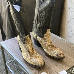 Dan Post Western Cowboy Boots US 10.5 Black Leather Shaft Tan Snakeskin Foot