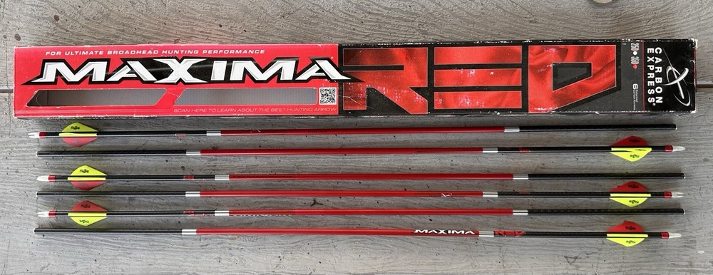 Carbon Express Maxima Fletched Carbon Arrows, Red -6 Pack 350 spine – Item 4112