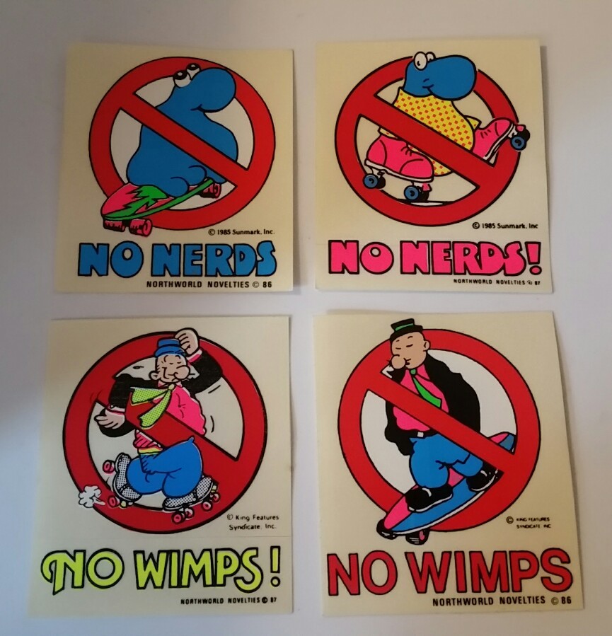 VINTAGE 80’s NO NERDS NO WIMPS RETRO SKATEBOARD STICKER LOT OF FOUR NOS