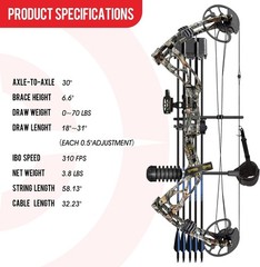 Dragon X8 RTH Compound Bow Package – Adjustable 18-31”, 0-70 lbs, Ready to Hunt