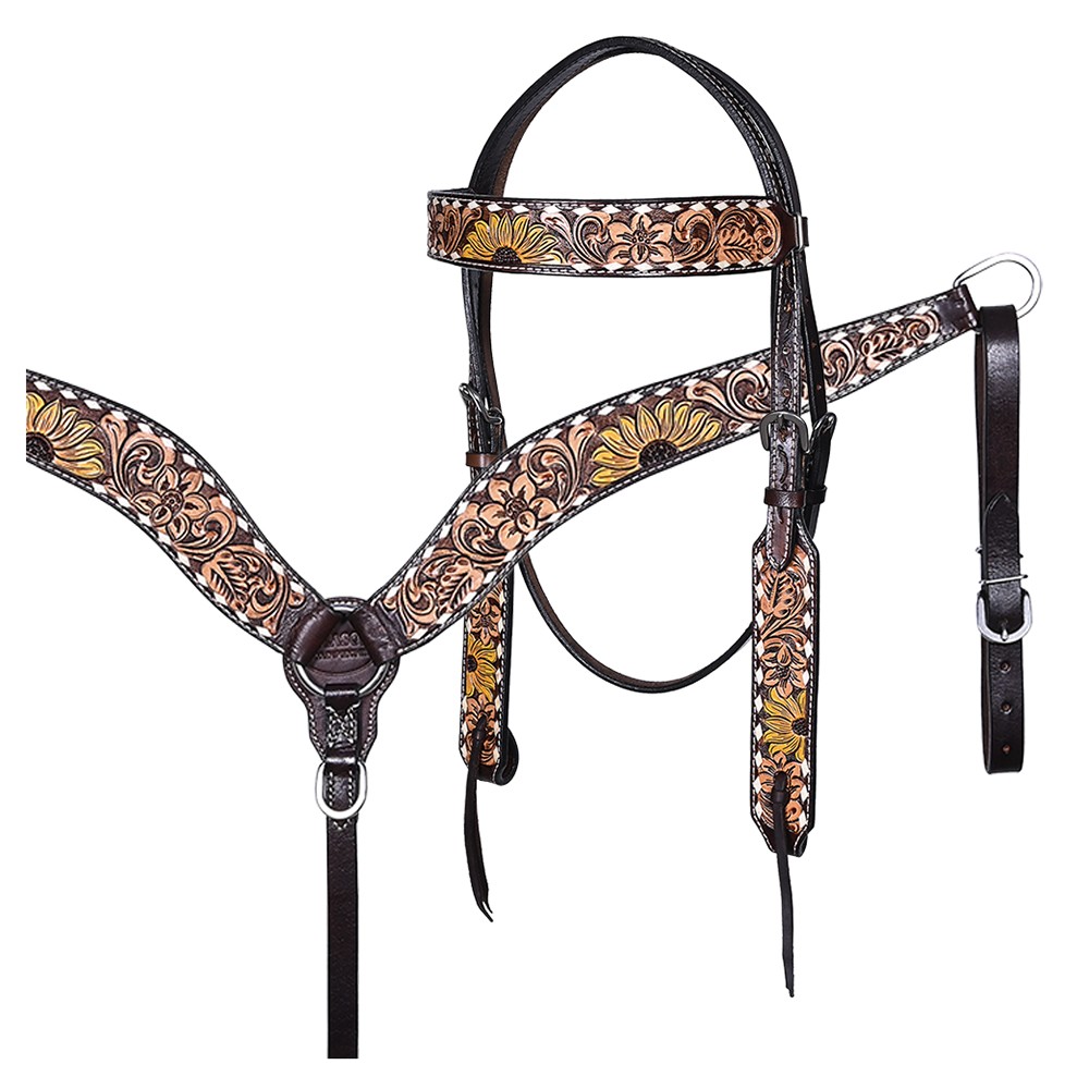 Western Headstall and Breast Collar Set HILASON Tooled Leather Horse Bridle Tack