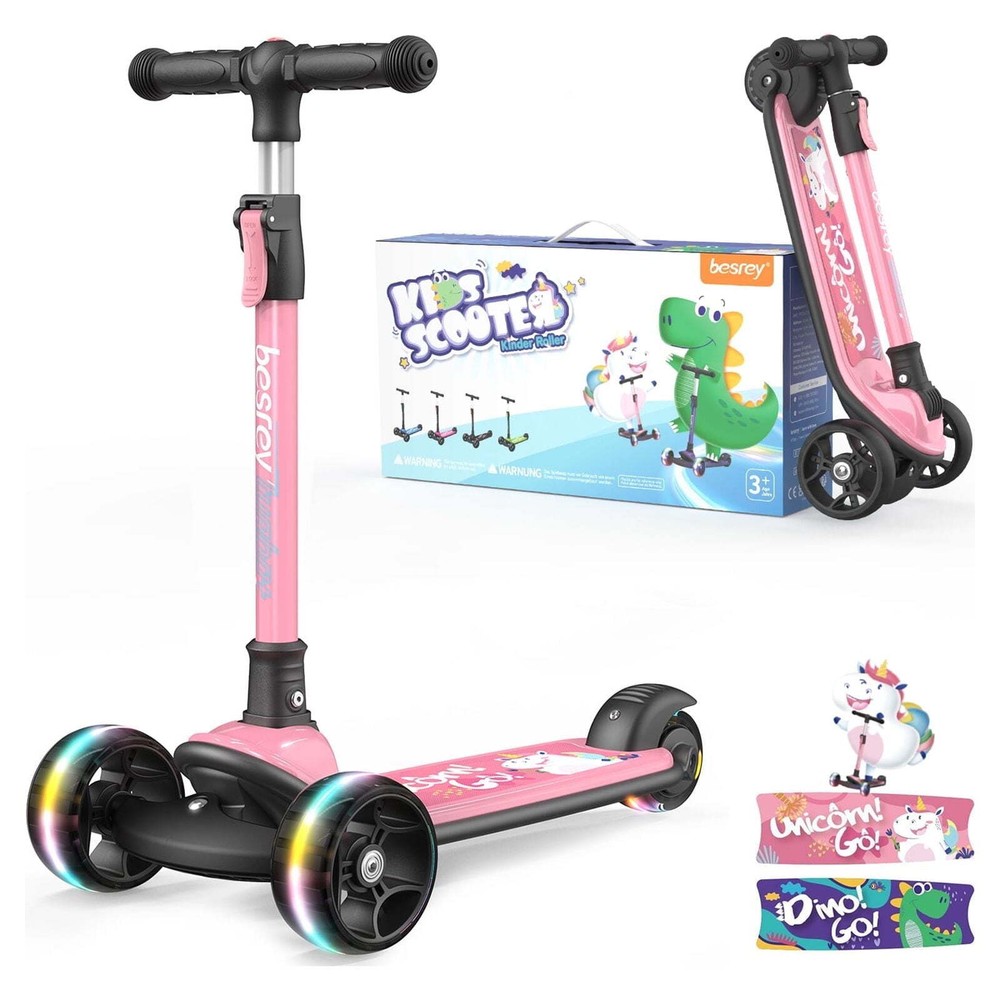 Besrey 3 Wheel Scooter for Kids with Adjustable Height,Pink Unicorn