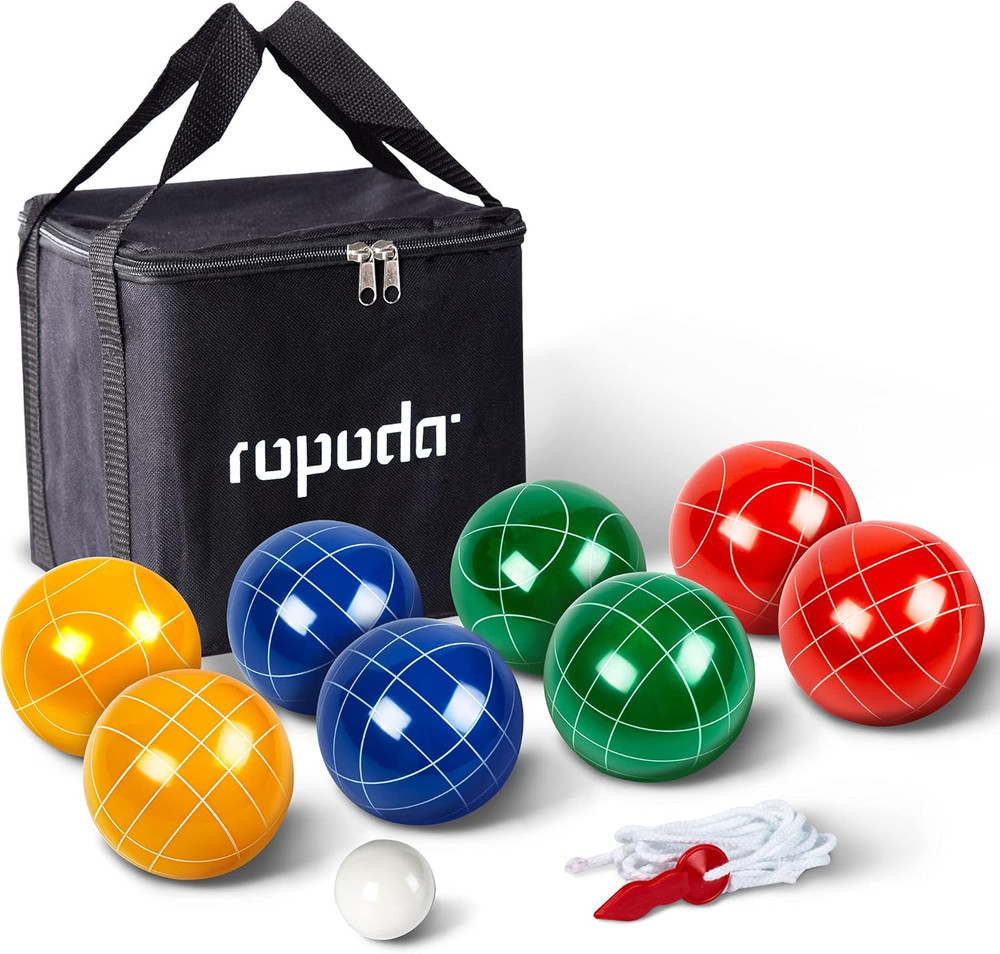 90Mm Bocce Ball Set with 8 Polyresin Balls, Pallino, Case and Measuring Rope for